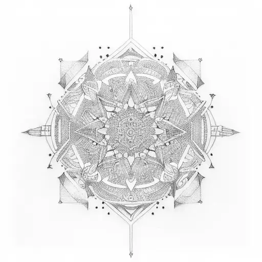 Incorporate a mandala into a cityscape with skyscrapers and buildings to a sleeve tattoo design idea