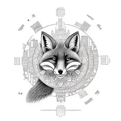 Incorporate a mandala into a cityscape with skyscrapers and fox between buildings to a sleeve tattoo design idea