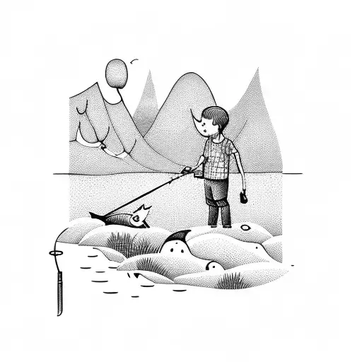 A whimsical scene of a father and daughter fishing together, capturing the bond between them tattoo design idea