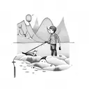 A whimsical scene of a father and daughter fishing together, capturing the bond between them tattoo design idea