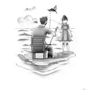 A whimsical scene of a father and daughter fishing together, capturing the bond between them tattoo design idea