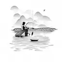A whimsical scene of a father and daughter fishing together, capturing the bond between them tattoo design idea