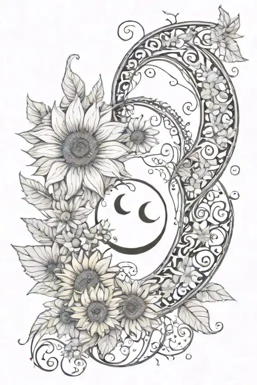 crescent moon unalome with sunflowers and lace tattoo design idea