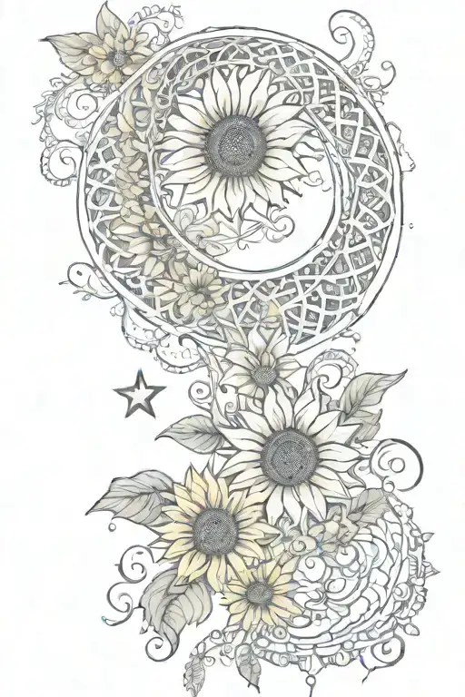 crescent moon unalome with sunflowers and lace tattoo design idea