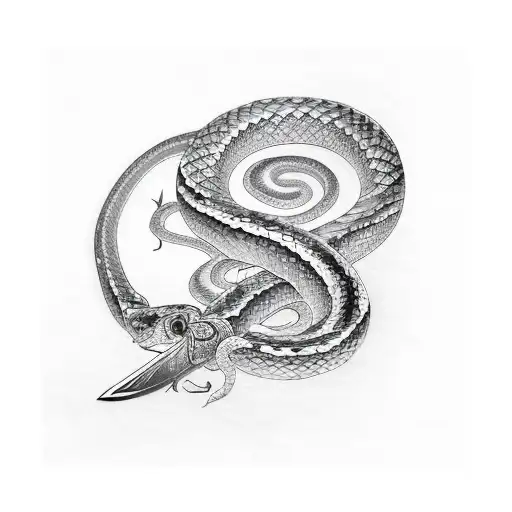 A snake coiled around a sword, with the hilt of the sword shaped like a crescent moon tattoo design idea