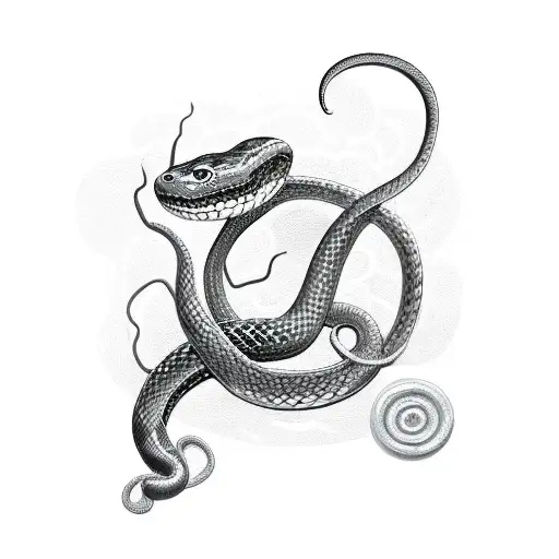 A snake coiled around a sword, with the hilt of the sword shaped like a crescent moon tattoo design idea