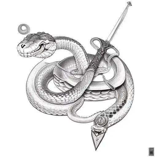 A snake coiled around a sword, with the hilt of the sword shaped like a crescent moon tattoo design idea