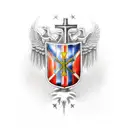 A soldier standing tall, holding a shield with a cross and the American flag, representing faith and patriotism tattoo design idea