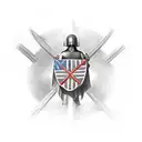 A soldier standing tall, holding a shield with a cross and the American flag, representing faith and patriotism tattoo design idea