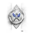 A soldier standing tall, holding a shield with a cross and the American flag, representing faith and patriotism tattoo design idea