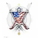 A soldier standing tall, holding a shield with a cross and the American flag, representing faith and patriotism tattoo design idea