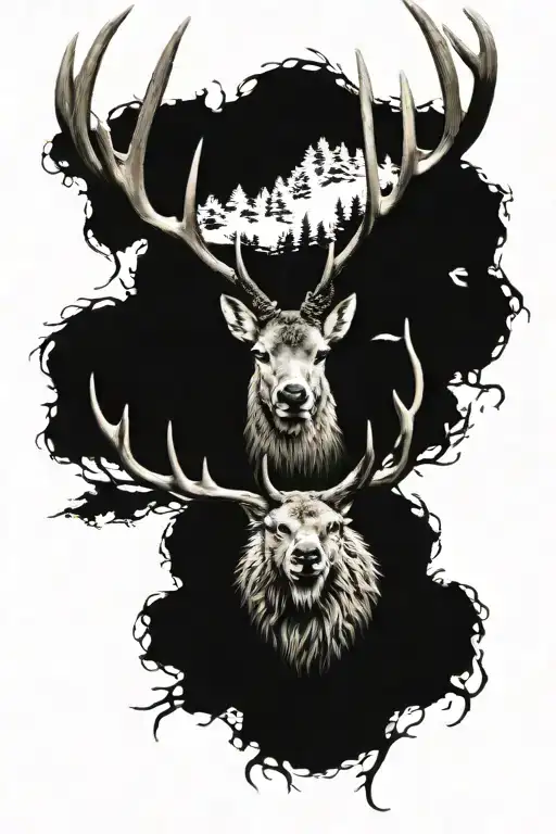 large deer head with turkey hunting scene underneath  tattoo design idea