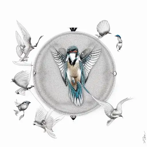stopwatch, kingfisher, fairy, rose, seashell tattoo design idea