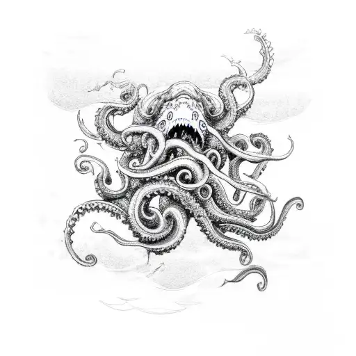 A majestic kraken rising from the depths of the ocean, surrounded by swirling waves and tentacles tattoo design idea