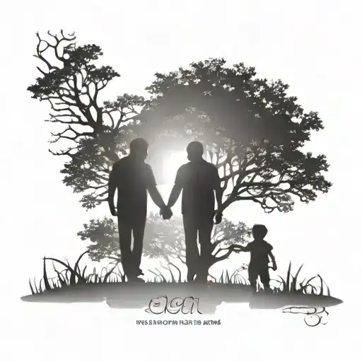 dad holding hands with his two sons as silhouette walking through a tree ach tattoo design idea