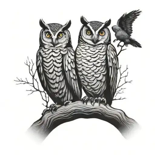 dad holding hands with two sons as a silhouette under a tree branch with an owl on looking down at them tattoo design idea