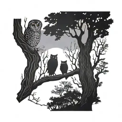 dad and two sons silhouette walking under a tree branch with an owl sat looking down at them tattoo design idea