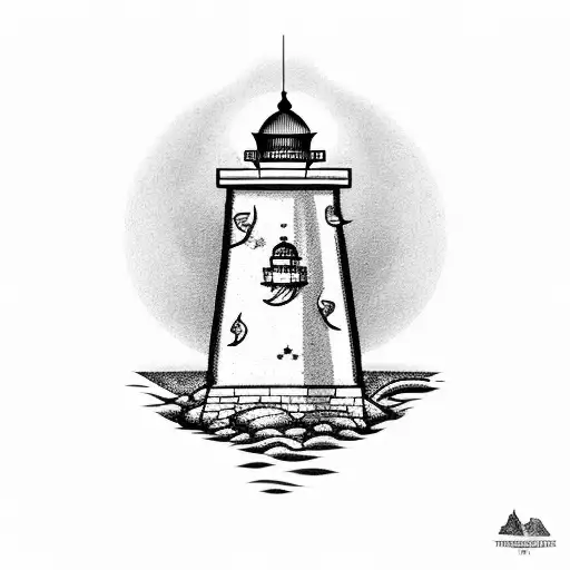 A dotwork tattoo of a lighthouse standing tall on a rocky shore, with sharks swimming in the turbulent waters below tattoo design idea