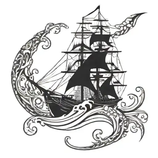 kraken and pirate ship sailing tattoo design idea