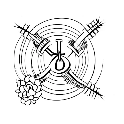 cross with barbed wire, flowers and horseshoe tattoo design idea