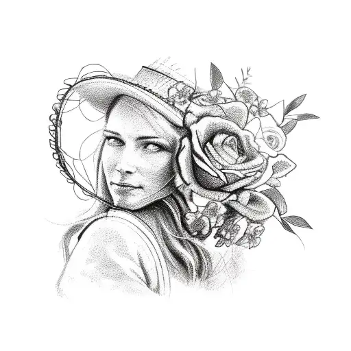 A detailed sketch of a cowgirl riding a tractor, with flowers and barbed wire intertwined in the design tattoo design idea