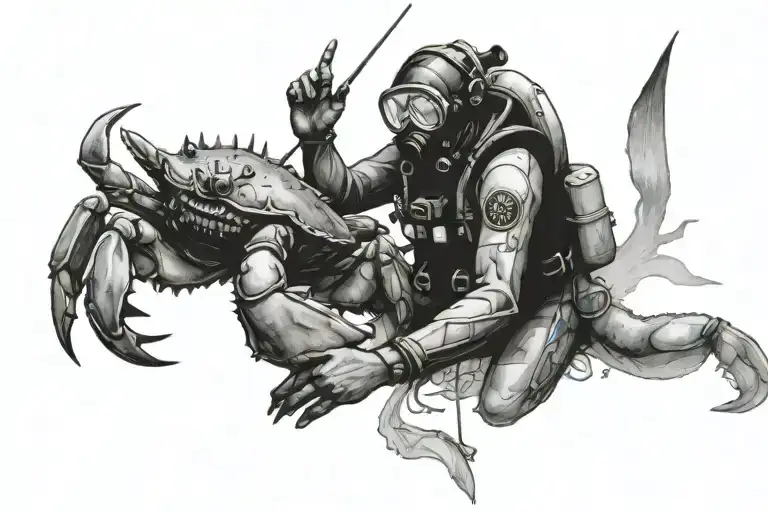 diver near sinked ship with a crab tattoo design idea