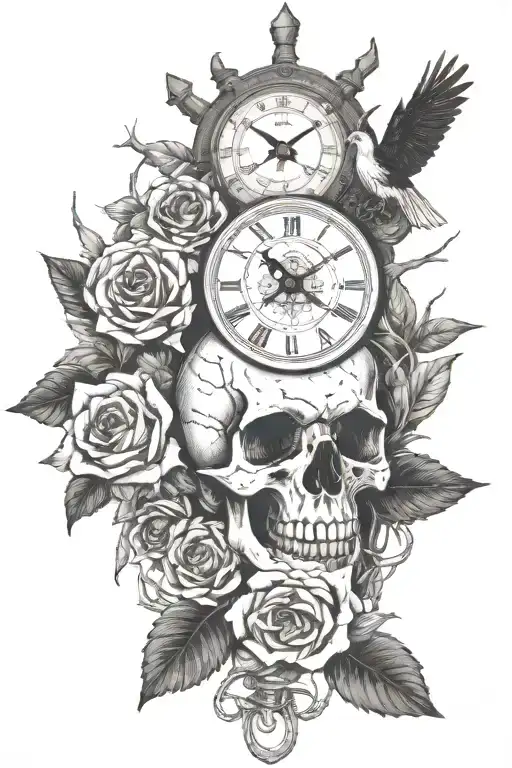  thorned roses,  barbed wire,  bald eagle,  compass,  clock, deer skull with antlers tattoo design idea