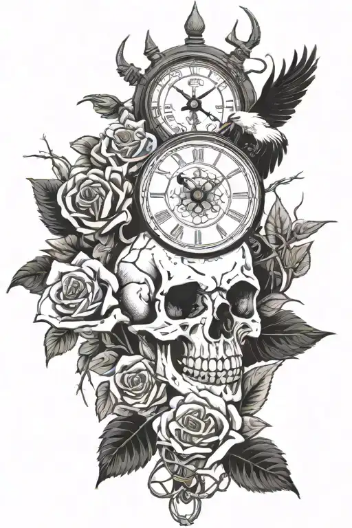 skull, thorned roses,  barbed wire,  bald eagle,  compass,  clock, deer skull with antlers tattoo design idea