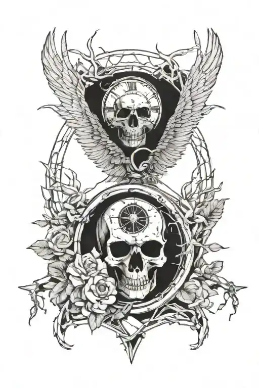 skull, thorned roses,  barbed wire,  bald eagle,  compass,  clock, antlers tattoo design idea