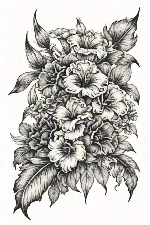 flower bouquet fine line with gladiolus, pansy, morning glory, cosmos, peoni flowers tattoo tattoo design idea