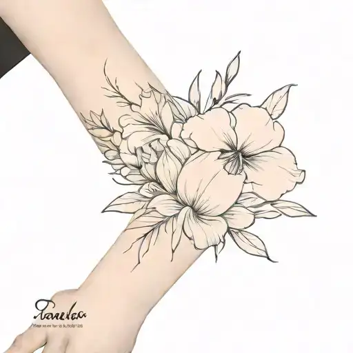flower bouquet fine line with gladiolus, pansy, morning glory, cosmos, peoni flowers  tattoo design idea