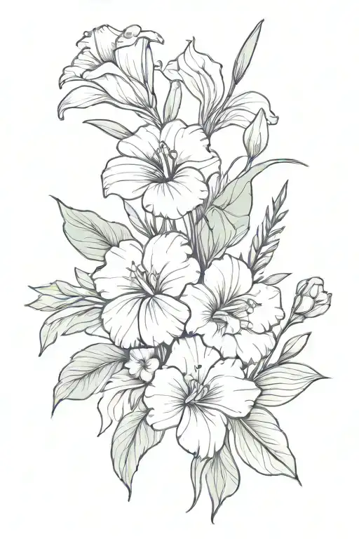 flower bouquet with gladiolus, pansy, morning glory, cosmos, peoni tied with a bow tattoo design idea