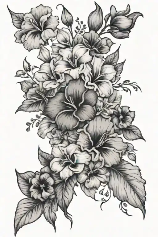 flower bouquet fine line with gladiolus, pansy, morning glory, cosmos, peoni flowers  tattoo design idea