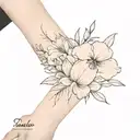 flower bouquet fine line with gladiolus, pansy, morning glory, cosmos, peoni flowers  tattoo design idea