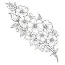 flower bouquet fine line with gladiolus, pansy, morning glory, cosmos, peoni flowers  tattoo design idea