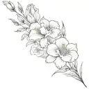 flower bouquet fine line with gladiolus, pansy, morning glory, cosmos, peoni flowers  tattoo design idea