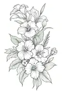 flower bouquet with gladiolus, pansy, morning glory, cosmos, peoni tied with a bow tattoo design idea