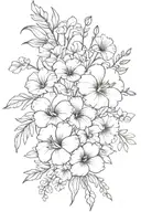flower bouquet with gladiolus, pansy, morning glory, cosmos, peoni tied with a bow tattoo design idea