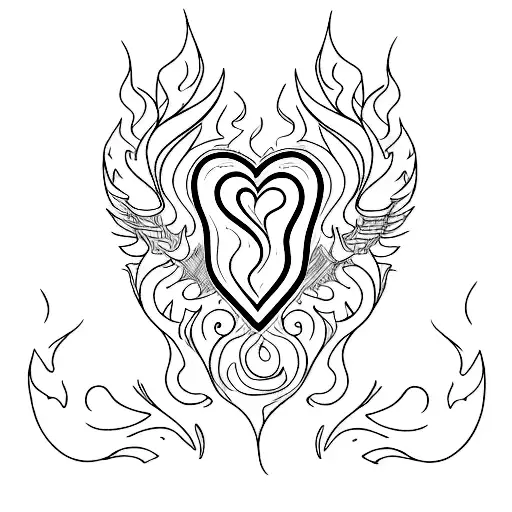 Line art incorporating the name Ember and the date 10/09/2023 in an elegant, flowing script, Flames, minimal, heart tattoo design idea