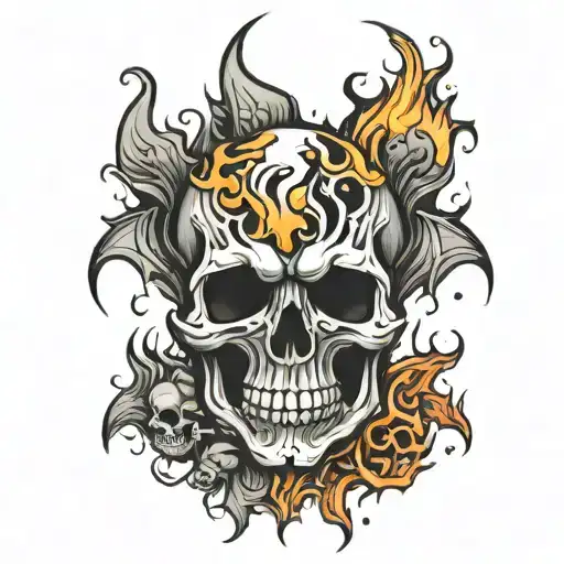 skull surrounded by flames tattoo design idea
