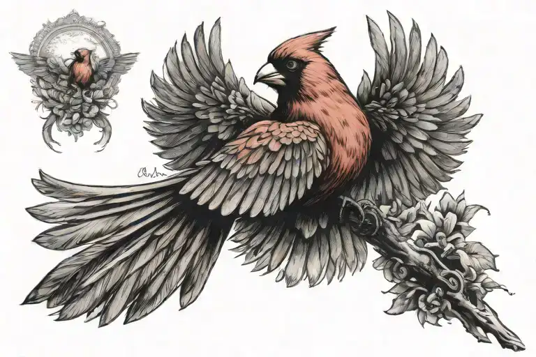 flying cardinal bird with date on wing tattoo design idea