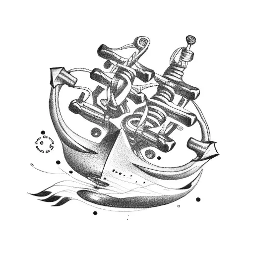 cruise ship, anchor, engine gear, propeller tattoo design idea