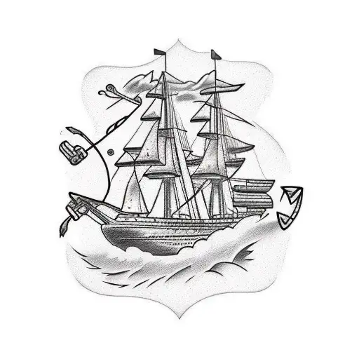 cruise ship, anchor, engine gear, propeller tattoo design idea