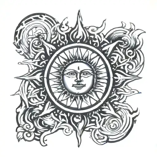 A sun. within the sun is earth, wind, water and fire. tattoo design idea