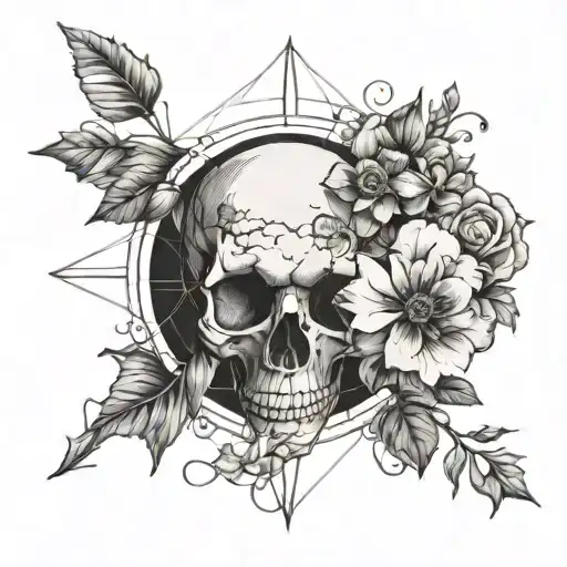 A compass rose intertwined with a skull and wilted flowers tattoo design idea