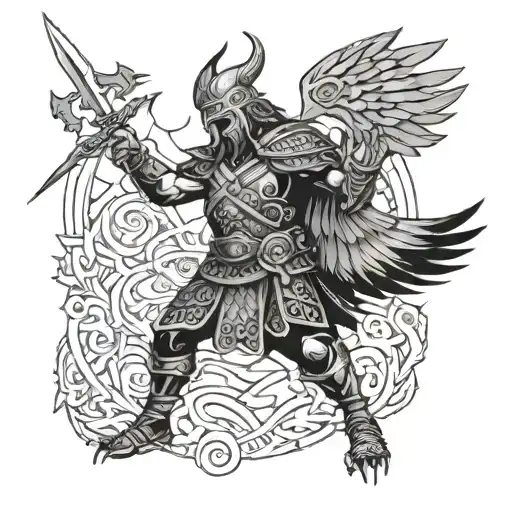 crow viking warrior battling tattoo design idea