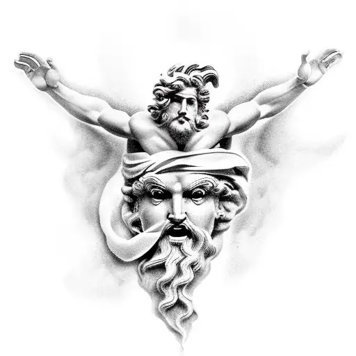 Greek god , lightning strikes greek statues, shading, chaos, message tattoo design idea