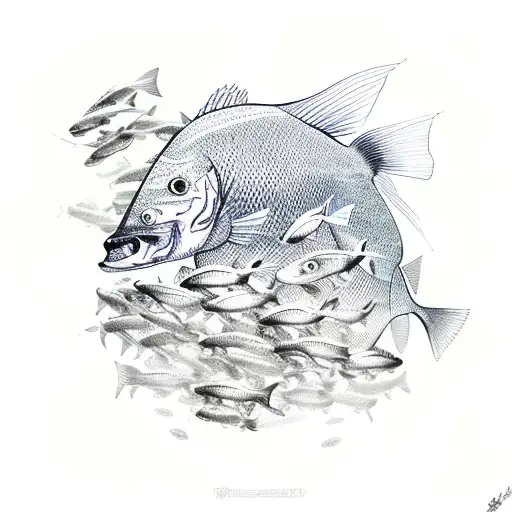 Swarm of different fishes forming a bigger fish WHich is Chasing a single big fish with a crown tattoo design idea