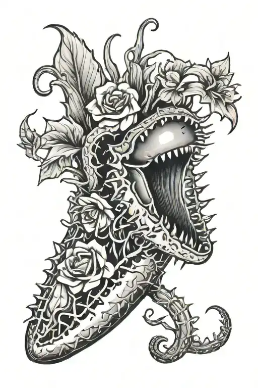 venus flytrap eating a heart with flowers intertwined tattoo design idea