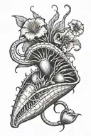 venus flytrap eating a heart with flowers intertwined tattoo design idea